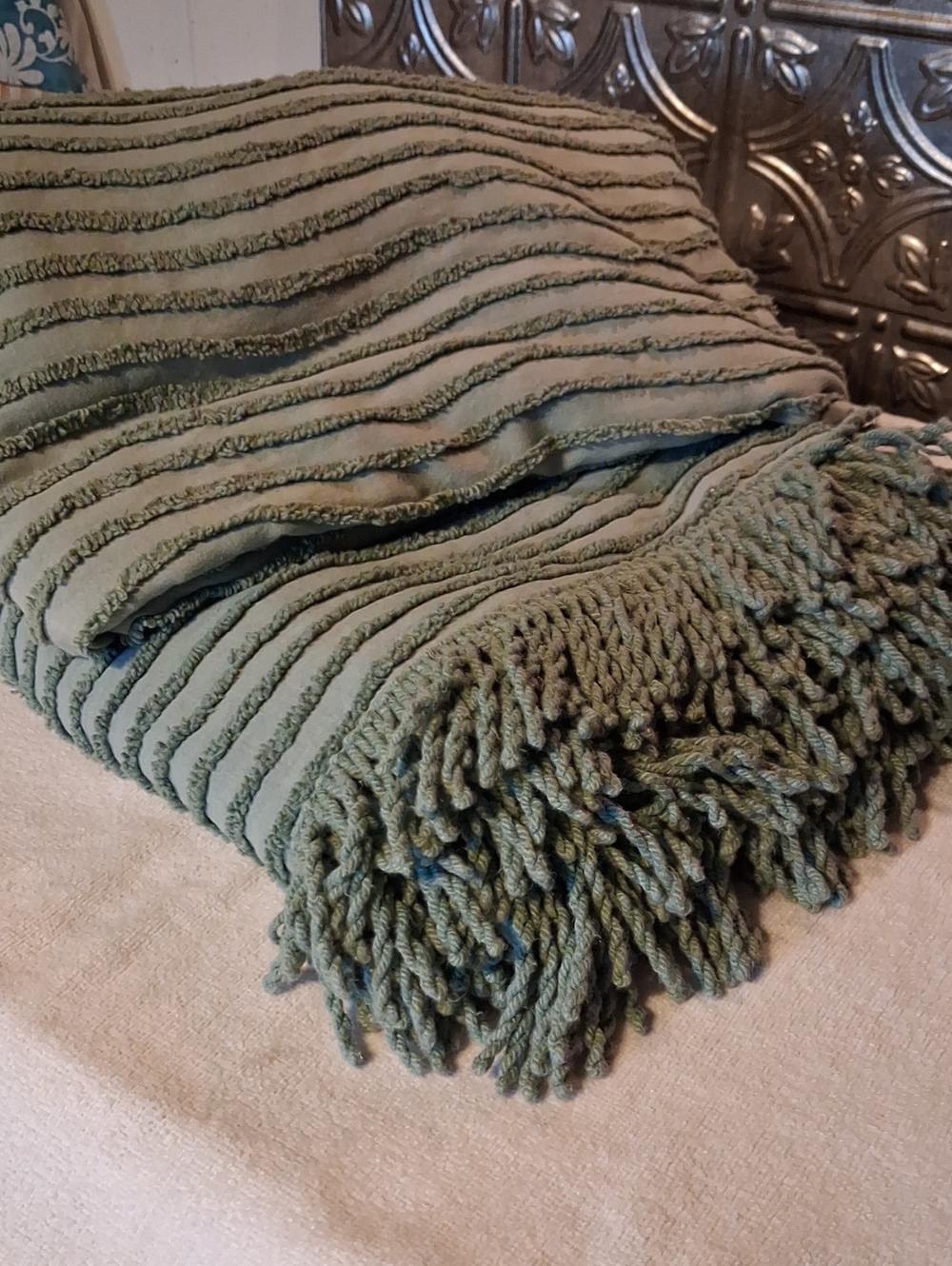 Chenille Ribbed Fringe Bed Spread- Sage Green Full Size 80x104